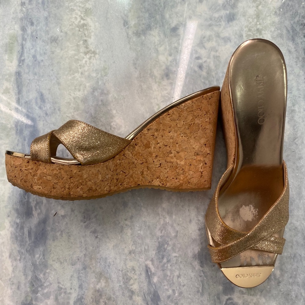 Jimmy Choo Gold Cork Wedges